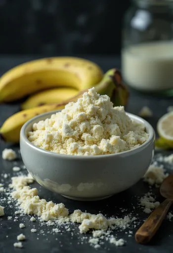 Farina di banane verdi in ciotola e cucchiaio, circondata da banane verdi