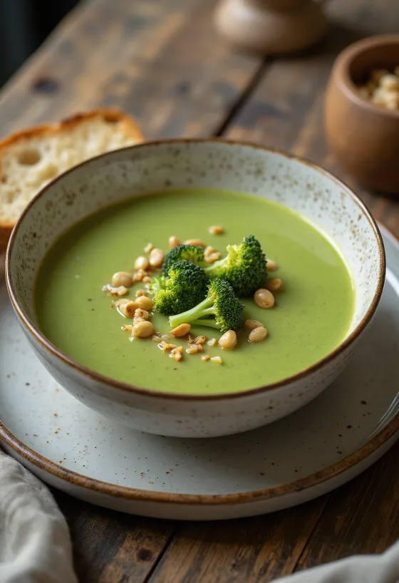 Vellutata cremosa di broccoli servita con crostini di pane croccanti.