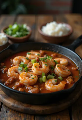 Gumbo con gamberi servito, in salsa densa, con salsiccia e riso bollito