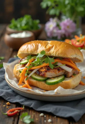 Bánh Mì Classico servito, con verdure fresche dai sapori ricchi e manzo.