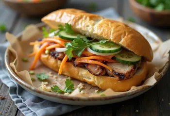 Bánh Mì Classico servito, con verdure fresche dai sapori ricchi e manzo.