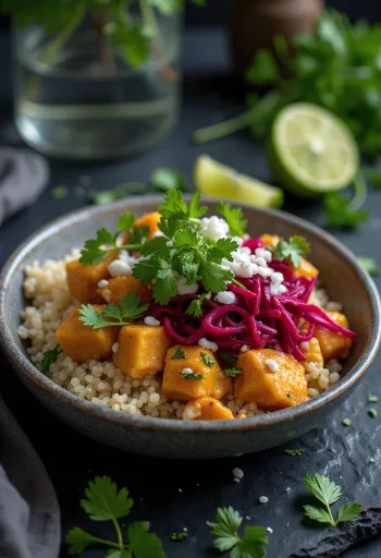 Buddha Bowl di quinoa con tofu al curry e barbabietola servita