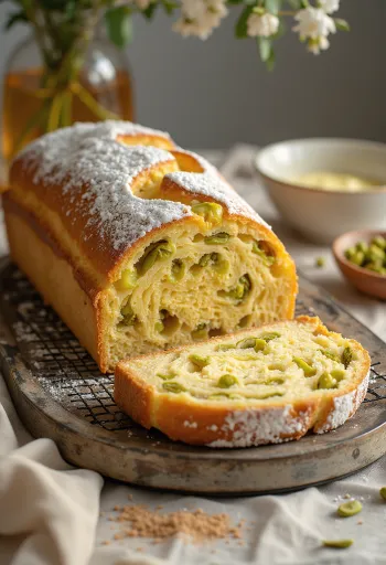 Stollen al miele e pistacchio affettato, cosparso di zucchero a velo