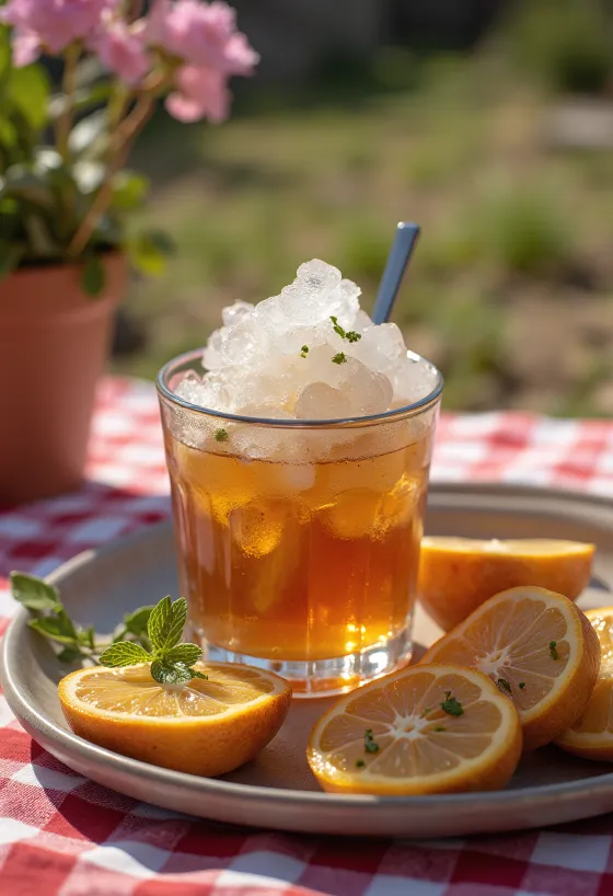 Cocktail Mint Julep decorato con foglie di menta e ghiaccio tritato