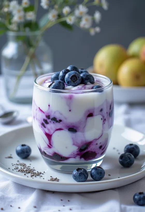 Yogurt probiotico ai mirtilli servito in bicchieri, decorato con mirtilli freschi