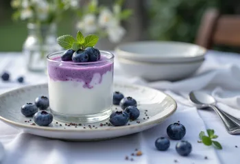 Yogurt probiotico ai mirtilli servito in bicchieri, decorato con mirtilli freschi