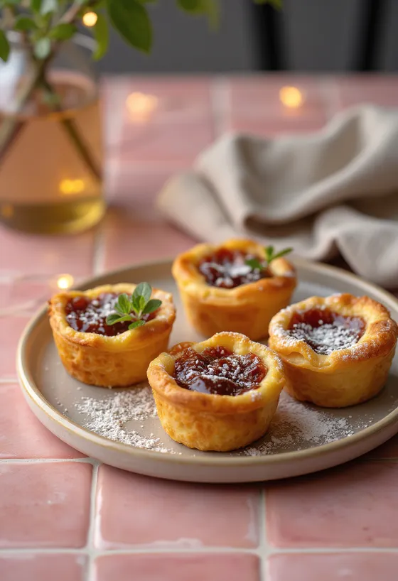 Piccole tartellette dorate Queijada de Sintra su un vassoio