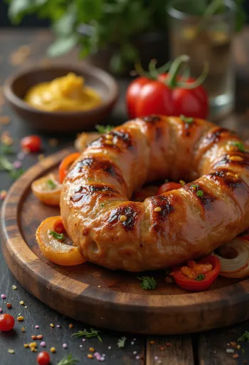 Salsiccia arrosto cotta dorata, con pelle croccante e spezie fresche