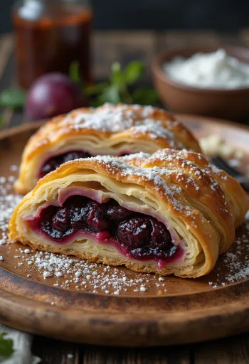 Strudel di prugne cotto dorato, spolverato di zucchero alla cannella