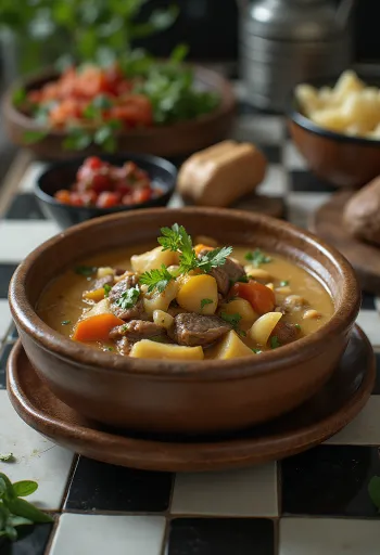 Stufato di yak al tè al burro servito in una ciotola rustica con erbe fresche