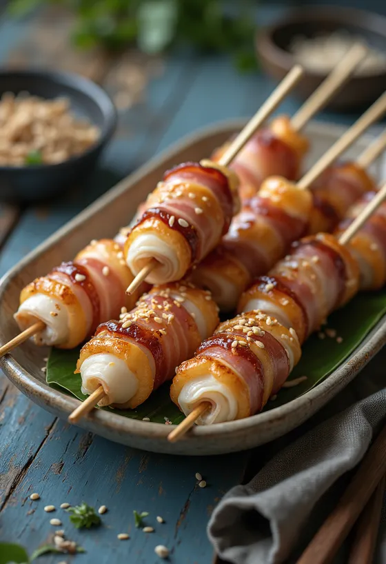 Enoki maki yakitori funghi avvolti nel bacon, serviti con semi di sesamo e cipollotto fresco