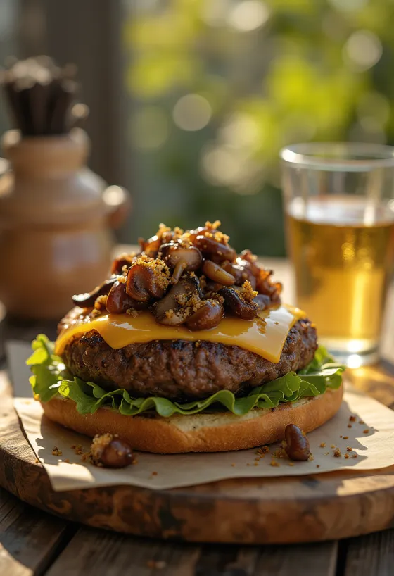 Hamburger con funghi e formaggio con carne succosa e funghi trifolati