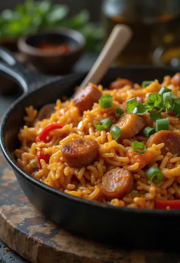 Jambalaya di pollo con sapori ricchi e ingredienti colorati