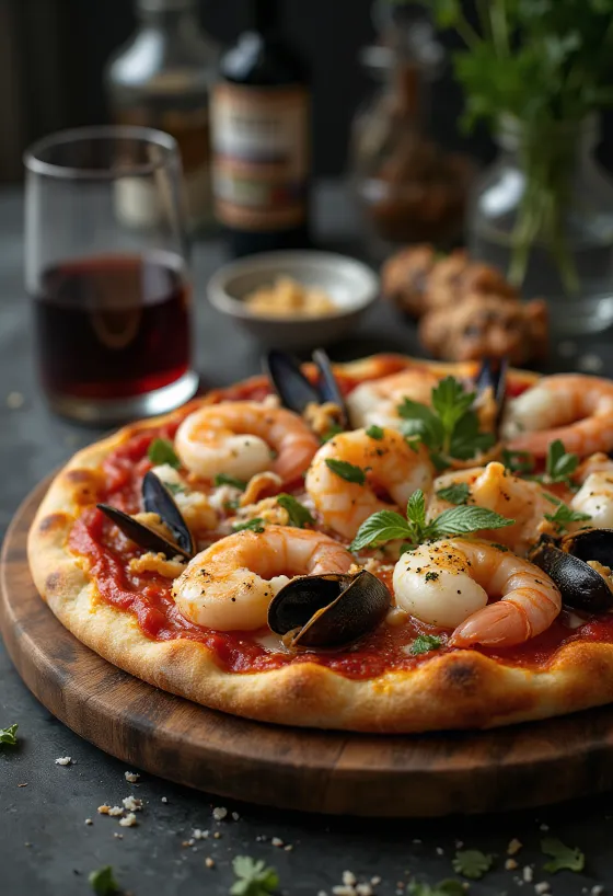 Pizza ai frutti di mare classica servita