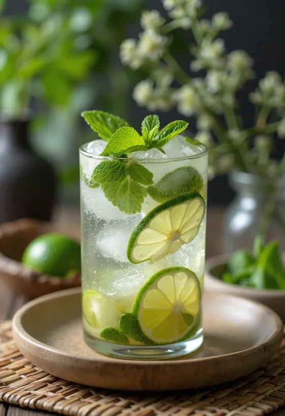 Mojito decorato con foglie di menta fresca e fette di lime