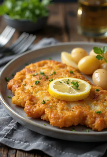 Pork schnitzel con patate, maiale croccante e patate al burro