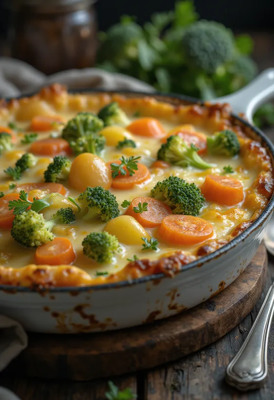 Gratin di verdure a strati, cotto con formaggio e spezie.