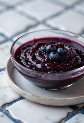 Salsa ai mirtilli, aceto balsamico e peperoncino in una ciotola, decorata con mirtilli freschi e fette di peperoncino