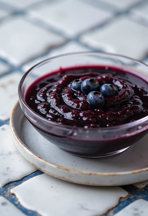 Salsa ai mirtilli, aceto balsamico e peperoncino in una ciotola, decorata con mirtilli freschi e fette di peperoncino