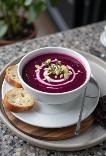 Vellutata di barbabietola all'aglio servita