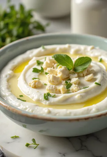 Salsa dip di feta e yogurt all'aneto servita con pane pita fresco