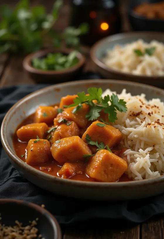 Pork Vindaloo servito con riso e coriandolo fresco