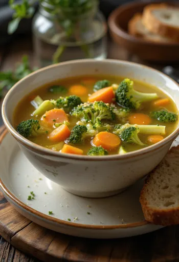 Zuppa di verdure prebiotica con broccoli, carote, sedano servita, cosparsa di prezzemolo fresco