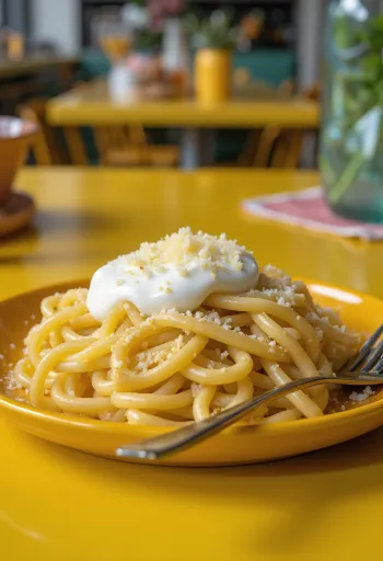 Pasta calda con panna acida e formaggio cosparsa di formaggio grattugiato, servita su piatto bianco.