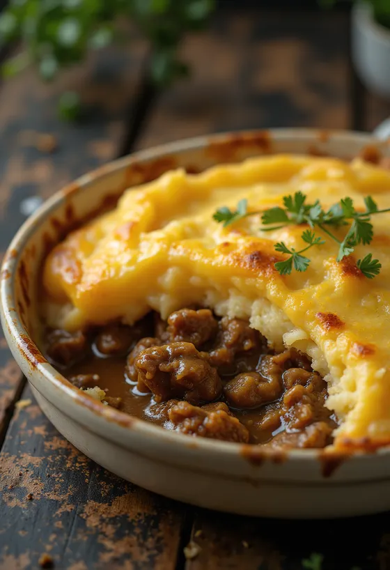 Shepherd’s pie servita con uno strato di purè di patate croccante