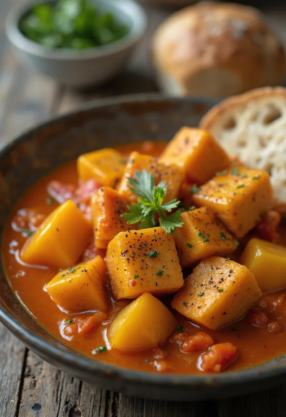 Lecsó vegano con tofu servito