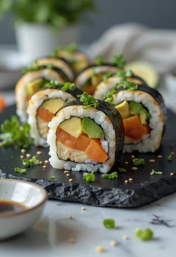 Sushi vegano con tofu, verdure e salsa di soia