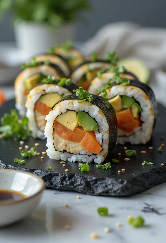 Sushi vegano con tofu, verdure e salsa di soia
