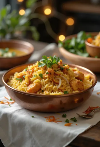 Biryani di pollo decorato con coriandolo fresco e menta