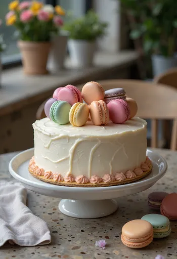 Torta decorata con macarons colorati