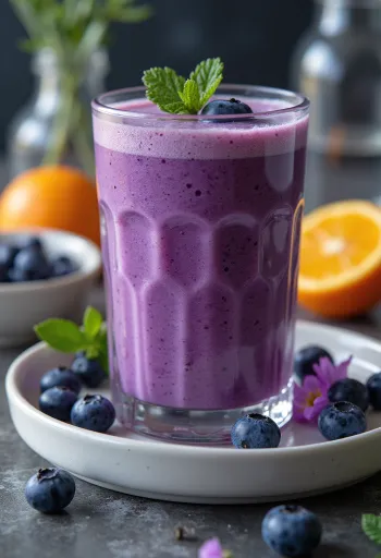 Smoothie viola arancia e mirtilli con cannuccia