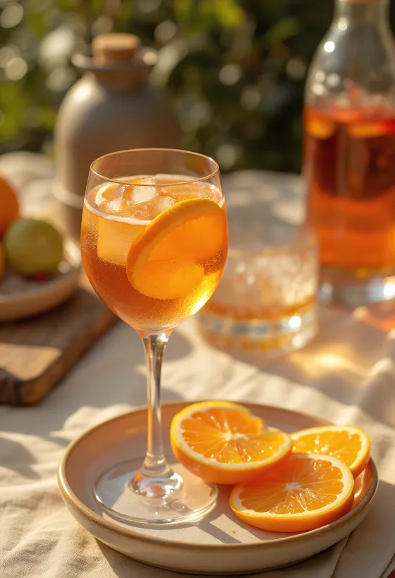 Cocktail Aperol all'arancia servito con fetta d'arancia e ghiaccio