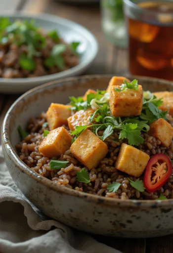 Nasi goreng con tofu, servito con spezie ricche e tofu fresco