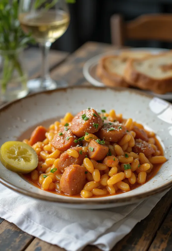 Pásztortarhonya con salsiccia affumicata e patate, spolverata con prezzemolo fresco