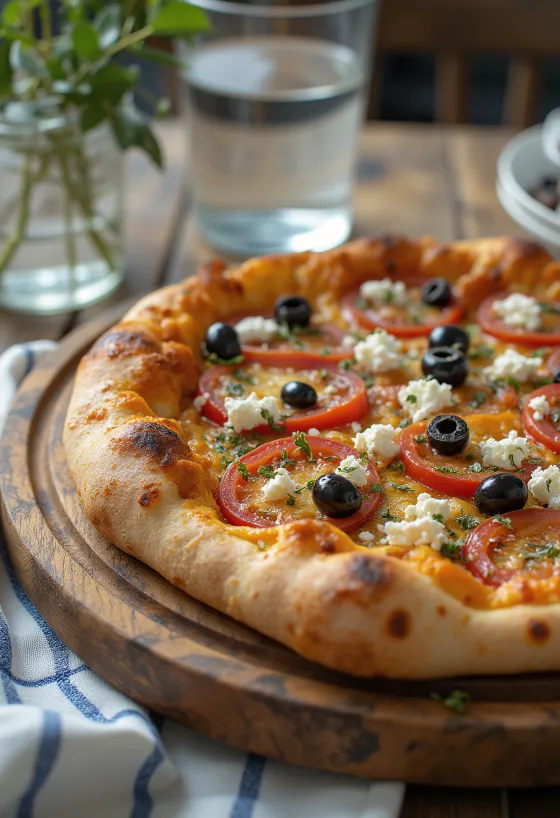 Pizza Greca con feta, olive nere e pomodoro fresco