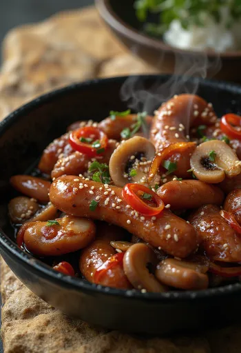 Sundae Jeongol Bokkeum, piatto di salsiccia coreana con funghi, peperoncino rosso e coriandolo