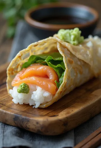 Temaki con shiso, salmone fresco e foglia di shiso nell'alga nori, servito perfettamente