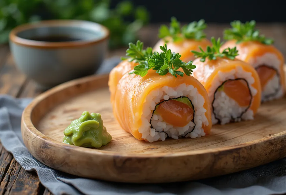 Temaki con shiso, salmone fresco e foglia di shiso nell'alga nori, servito perfettamente
