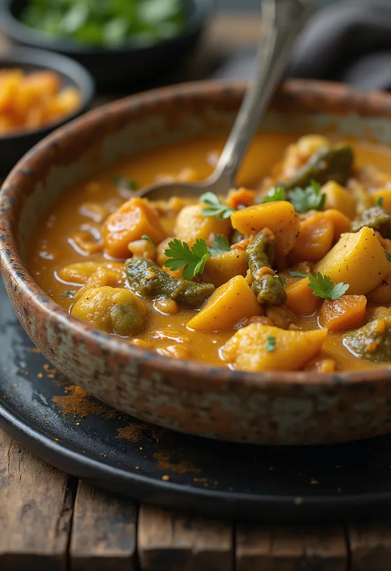 Curry vegano decorato con verdure succose e coriandolo fresco