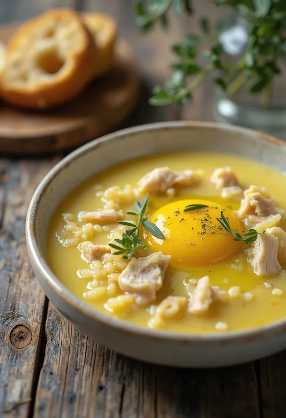 Avgolemono con uova intere, zuppa greca uovo e limone, con riso e verdure