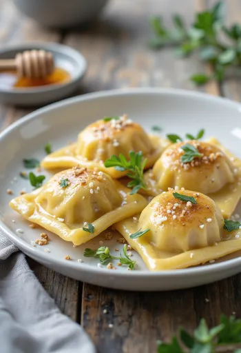 Ravioli ai semi di chia serviti