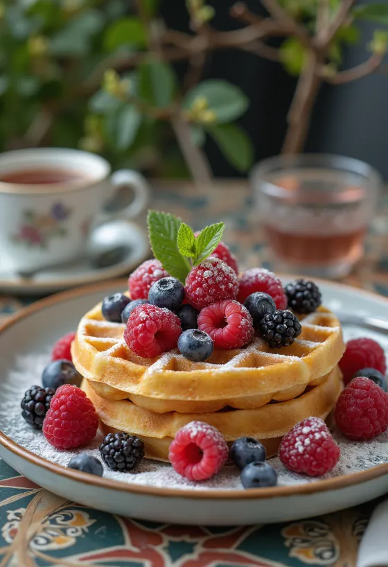 Waffle ai frutti di bosco con bacche fresche e miele