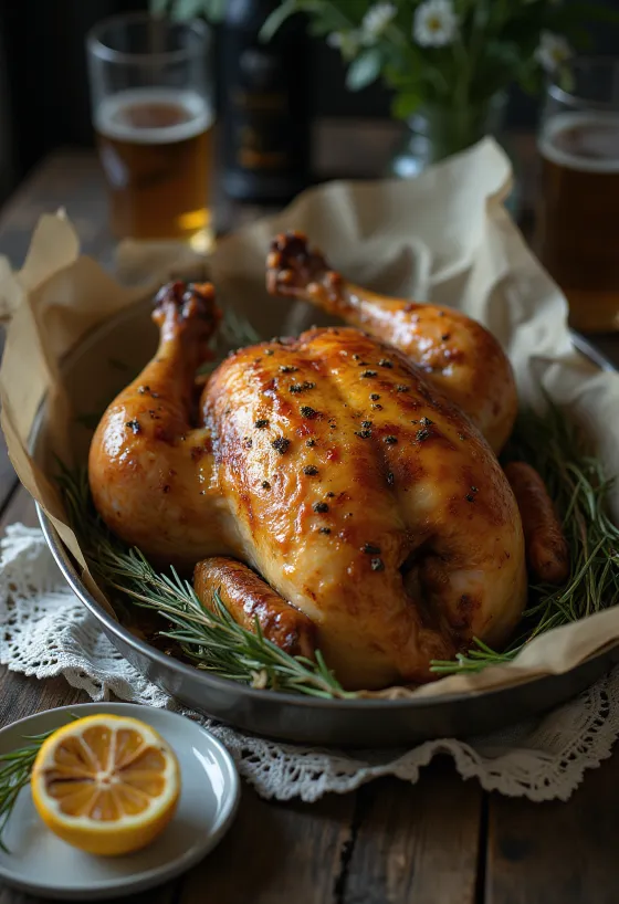 Frango assado alla birra, pollo arrosto croccante servito con rosmarino e limone.