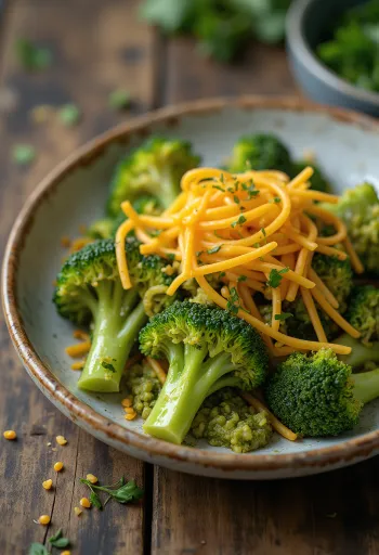 Cimette di broccoli verdi brillanti condite con pesto e formaggio fuso