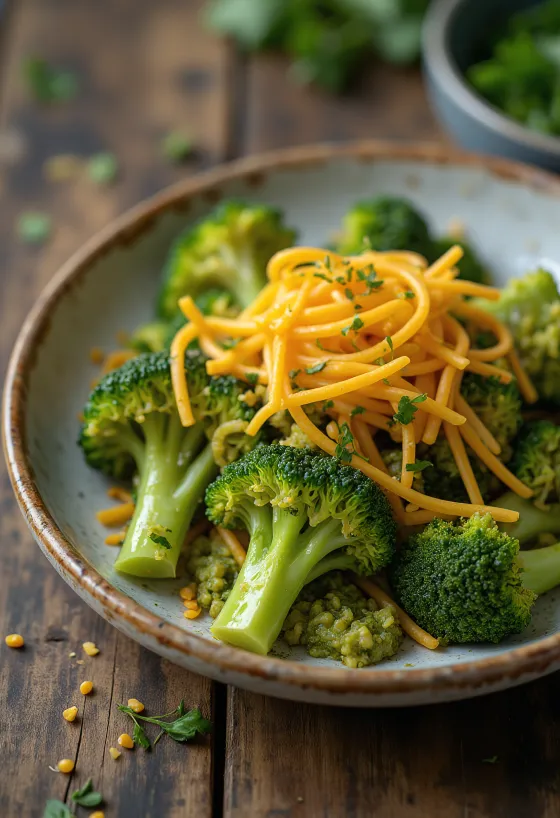 Cimette di broccoli verdi brillanti condite con pesto e formaggio fuso
