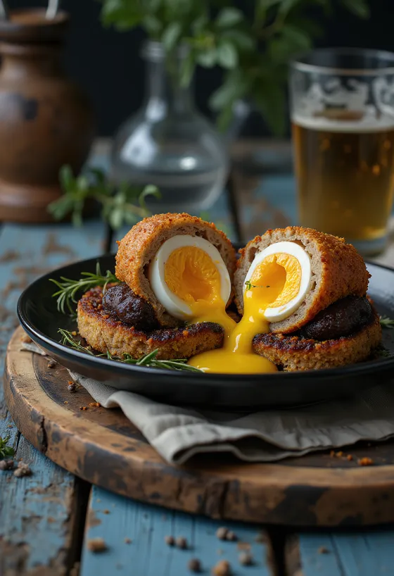 Scotch egg con black pudding, servito su un piatto, uovo impanato croccante